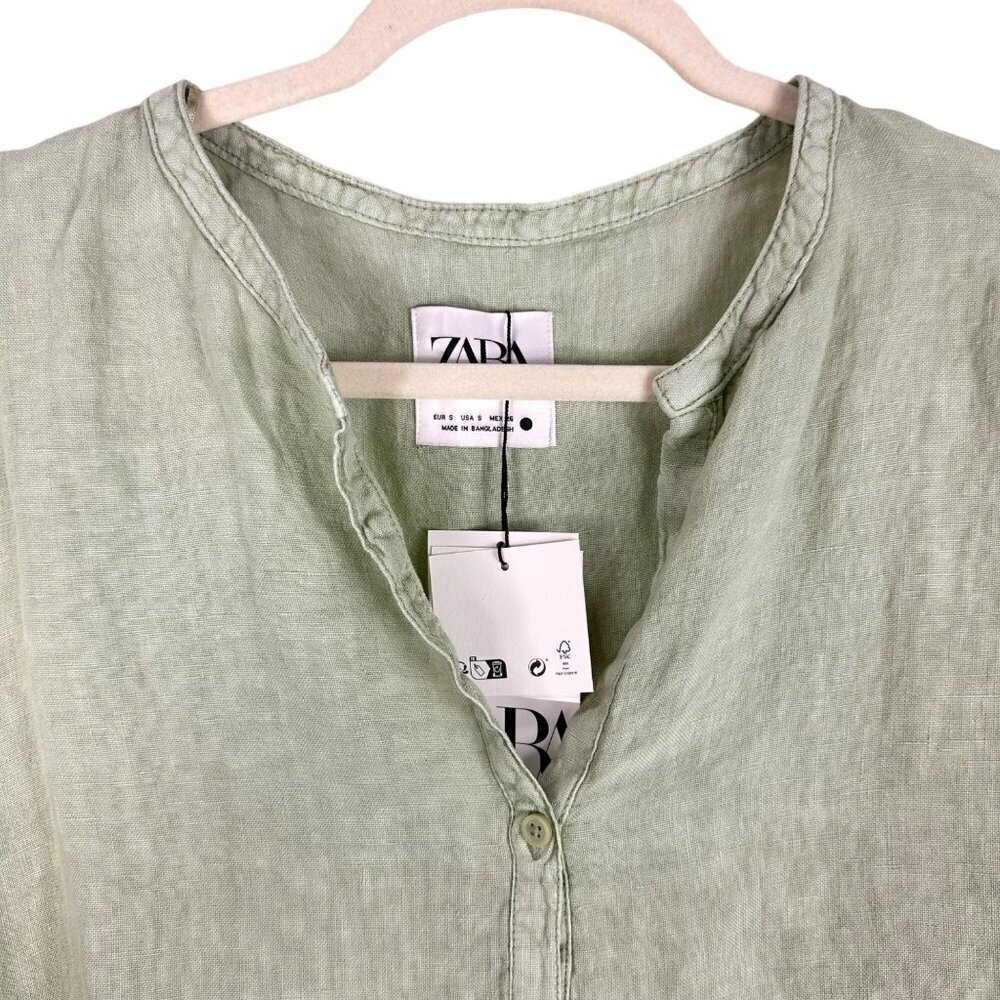 Zara Sage‎ Green Oversized Linen Long Sleeve-Slit Blouse Size Small - Picture 3 of 15
